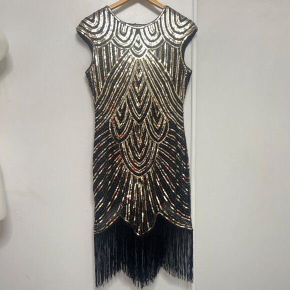Flapper Costume Black Gold Sequins 1920s Set Size Medium - Picture 2 of 8